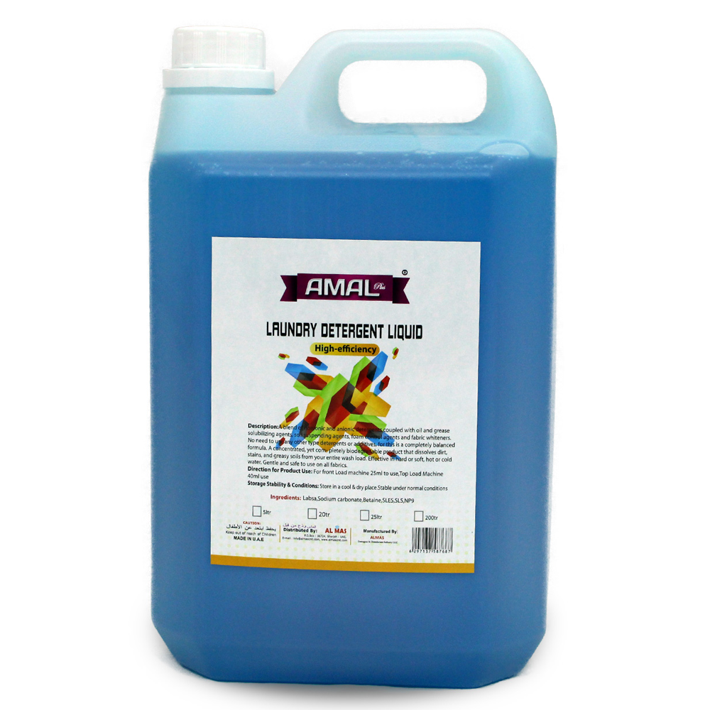 AMAL Plus Laundry Detergent 5 Litre bottle for effective clothes washing.